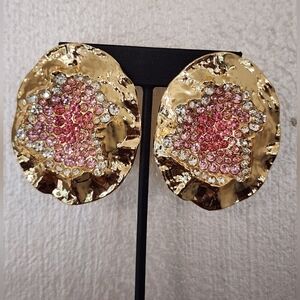 Oval Rhinestone Stud Gold texture and Pink Statement Earrings